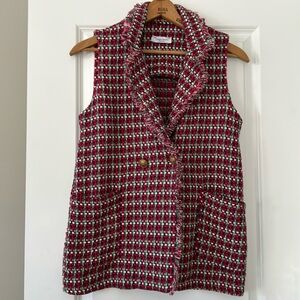 Giorgia Giannini Tweed Vest w Collar, Fringe, Gold Buttons & Pockets Sz Lg Italy